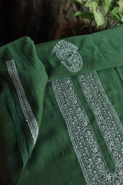 Dark Green Mulmul Chikankari Unstitched Men's Kurtas Fabric