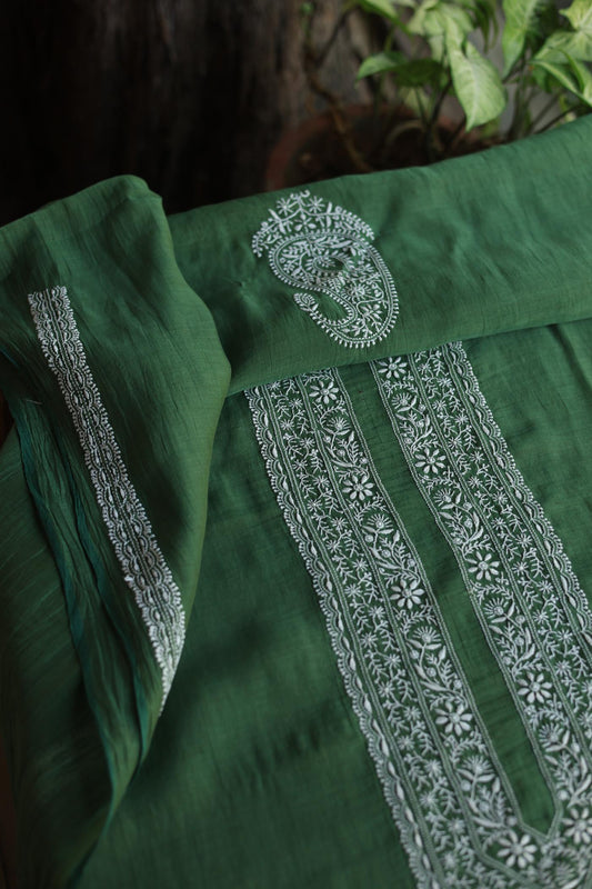 Dark Green Mulmul Chikankari Unstitched Men's Kurtas Fabric