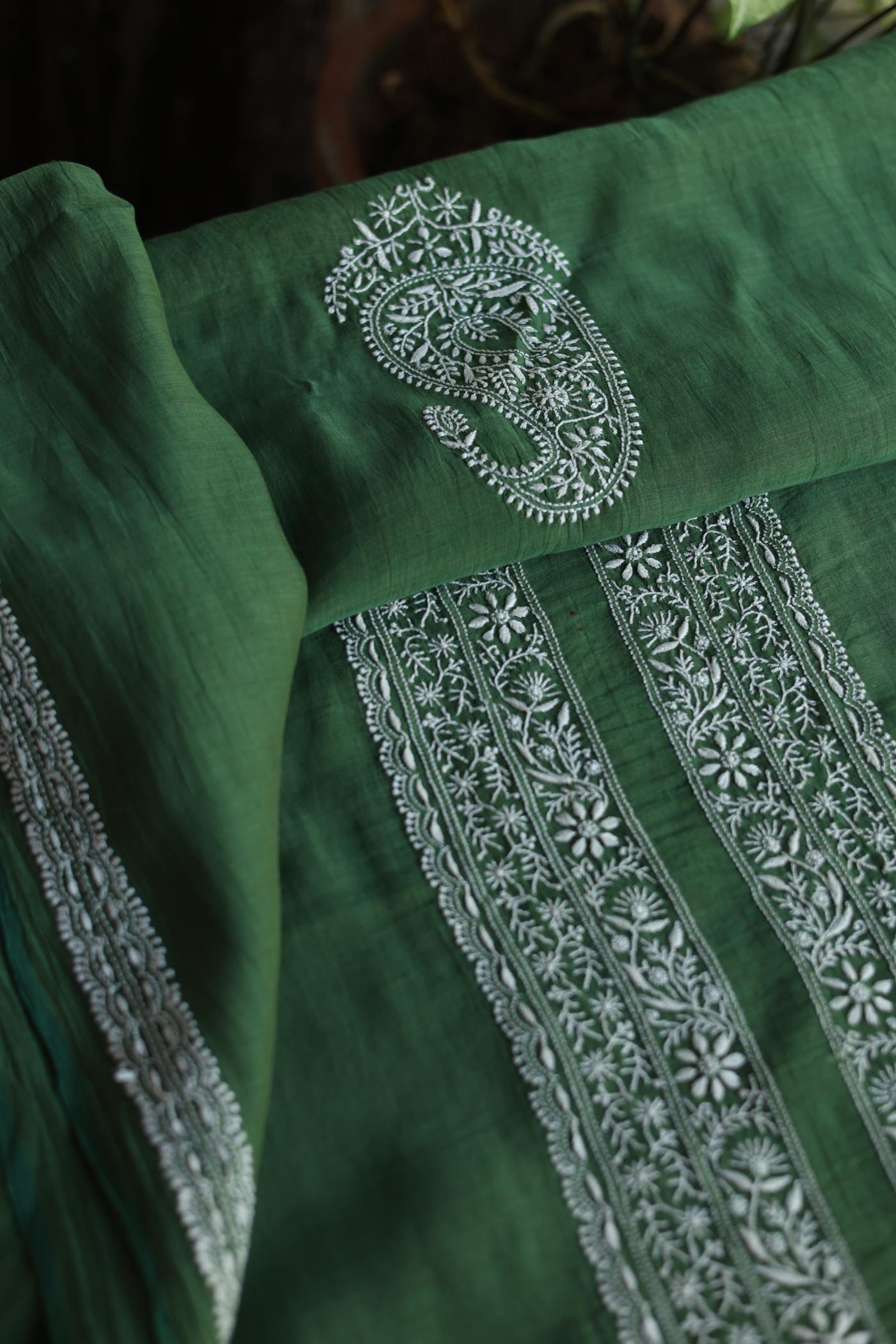 Dark Green Mulmul Chikankari Unstitched Men's Kurtas Fabric