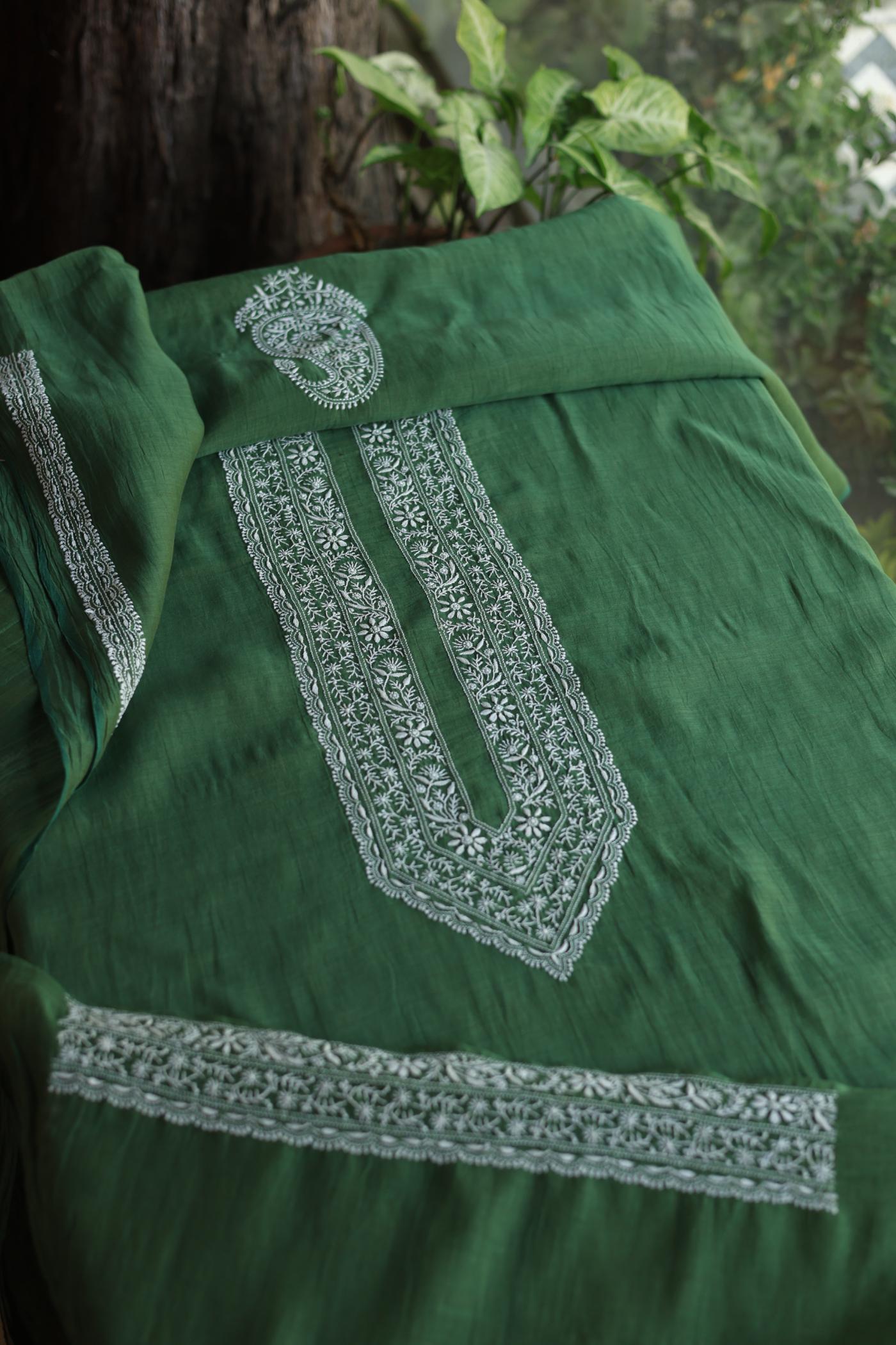 Dark Green Mulmul Chikankari Unstitched Men's Kurtas Fabric