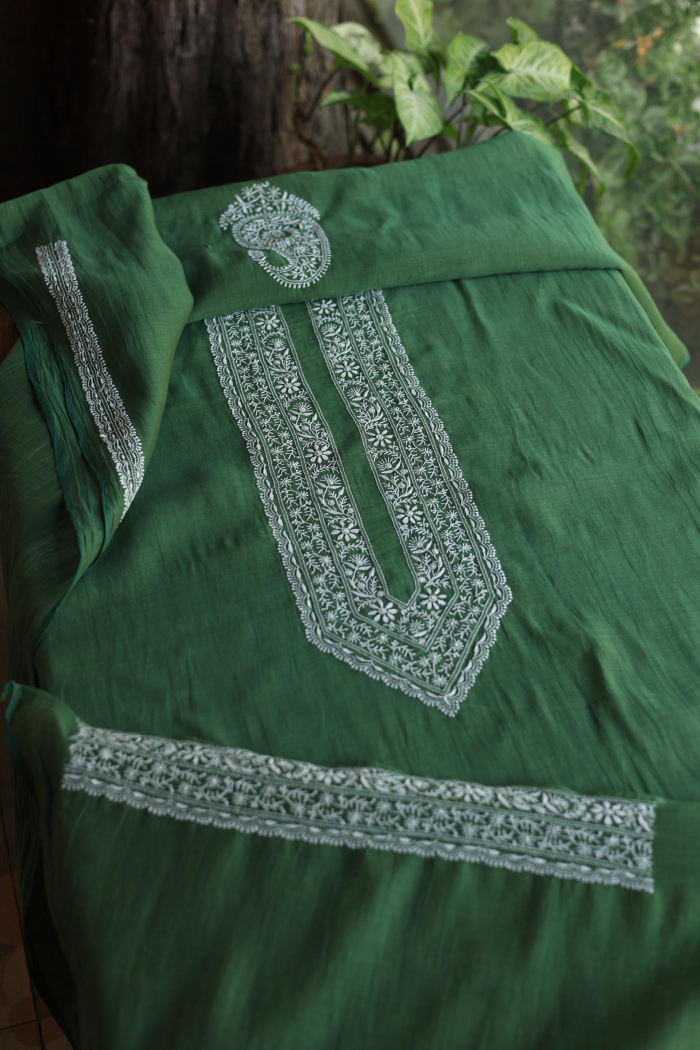 Dark Green Mulmul Chikankari Unstitched Men's Kurtas Fabric