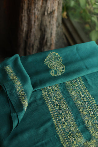 Dark Green Shade Moonga Silk Chikankari Men’s Kurta Fabric