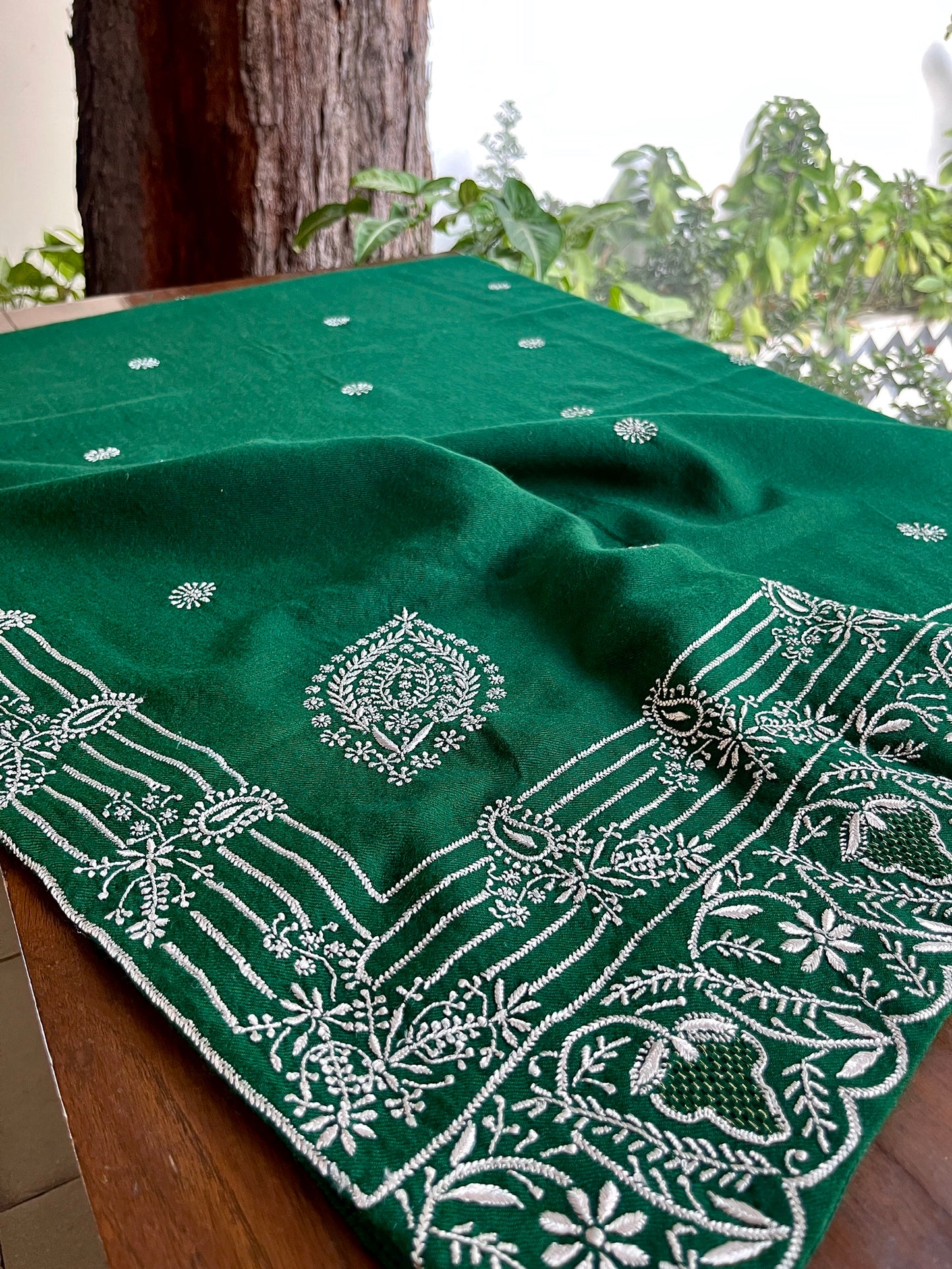 Dark Green Shade Saman Pashmina Resham Thread Chikankari Shawl