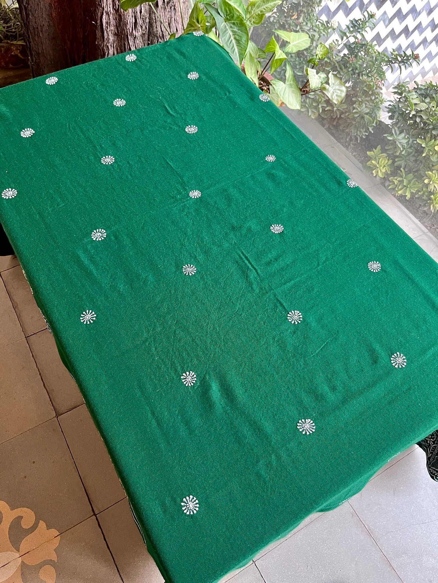Dark Green Shade Saman Pashmina Resham Thread Chikankari Shawl