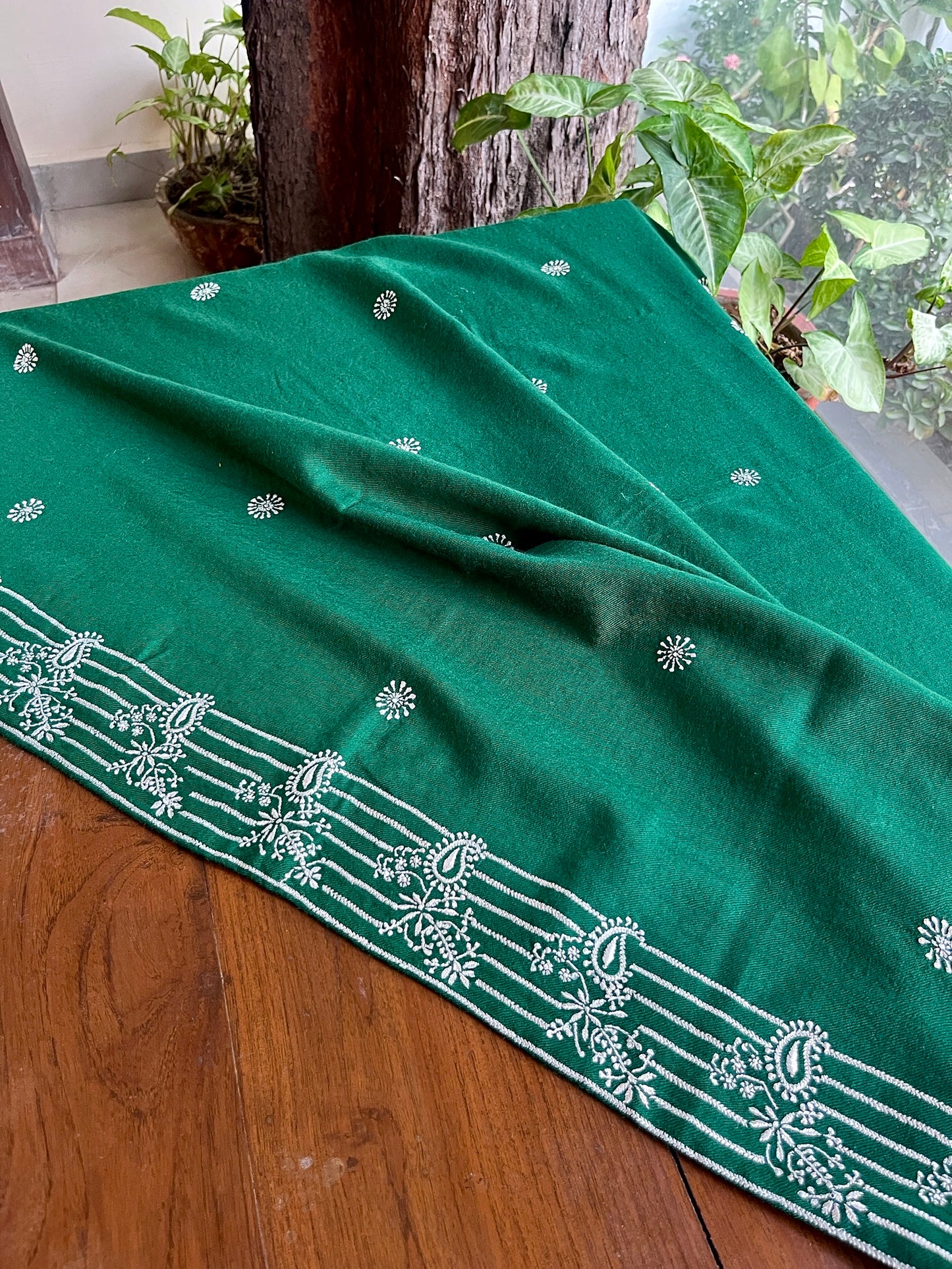 Dark Green Shade Saman Pashmina Resham Thread Chikankari Shawl