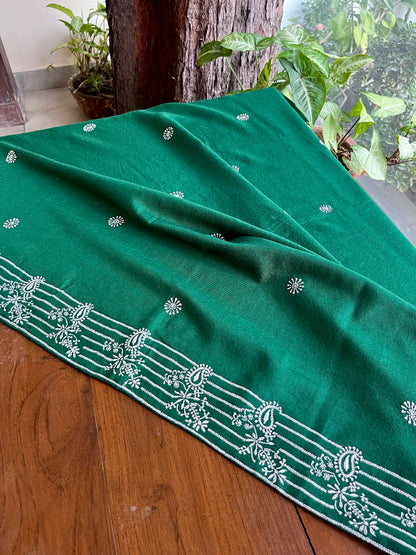 Dark Green Shade Saman Pashmina Resham Thread Chikankari Shawl