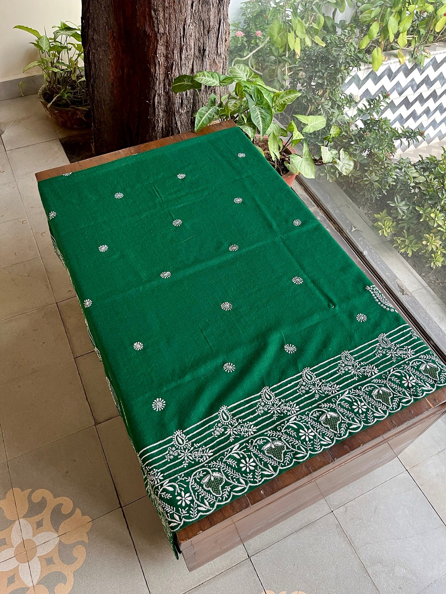 Dark Green Shade Saman Pashmina Resham Thread Chikankari Shawl