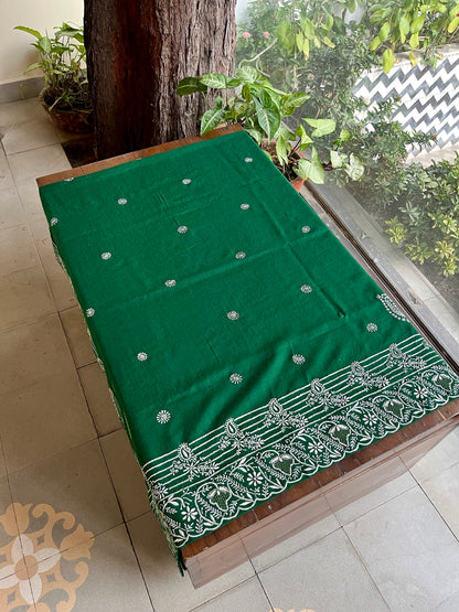 Dark Green Shade Saman Pashmina Resham Thread Chikankari Shawl