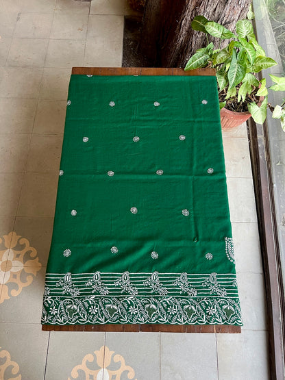 Dark Green Shade Saman Pashmina Resham Thread Chikankari Shawl