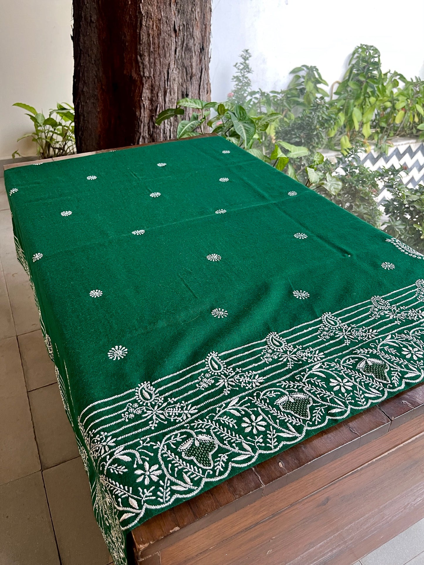 Dark Green Shade Saman Pashmina Resham Thread Chikankari Shawl