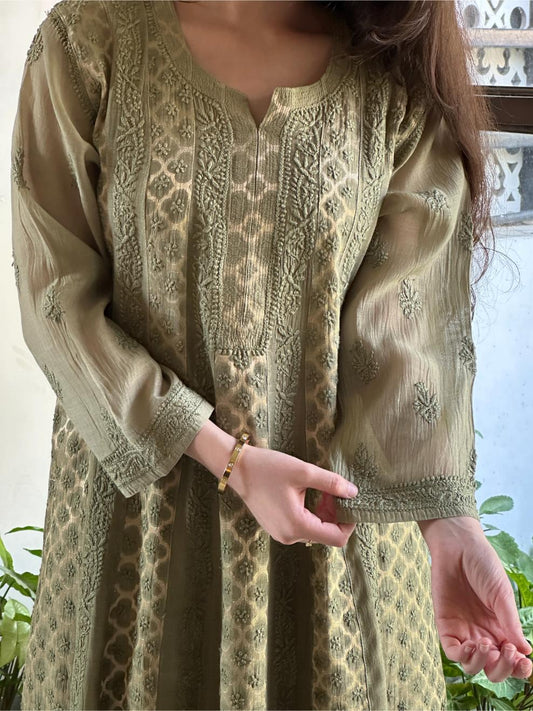 Dark Green Shade Zari Chanderi Chikankari Ready to Wear Tunics
