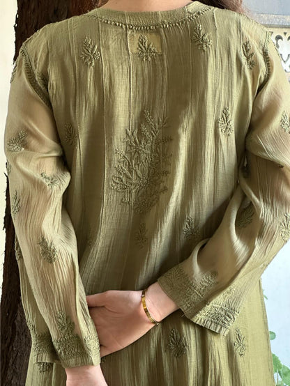 Dark Green Shade Zari Chanderi Chikankari Ready to Wear Tunics
