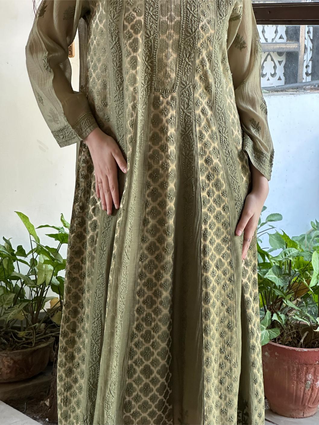 Dark Green Shade Zari Chanderi Chikankari Ready to Wear Tunics