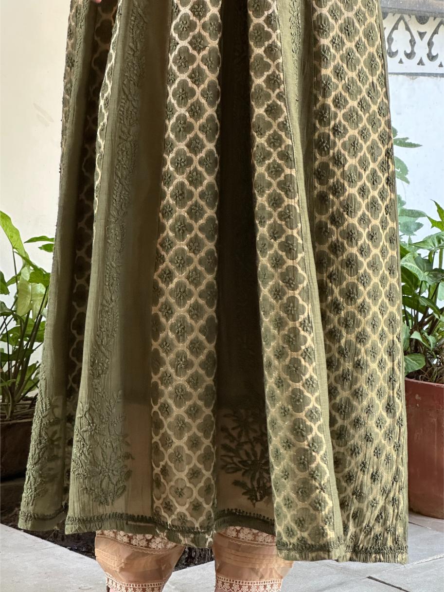 Dark Green Shade Zari Chanderi Chikankari Ready to Wear Tunics