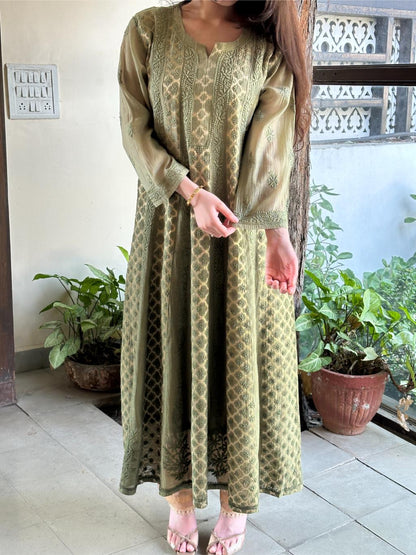 Dark Green Shade Zari Chanderi Chikankari Ready to Wear Tunics