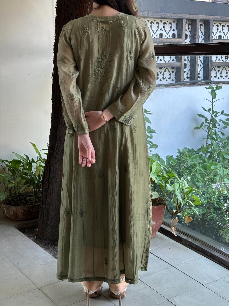 Dark Green Shade Zari Chanderi Chikankari Ready to Wear Tunics