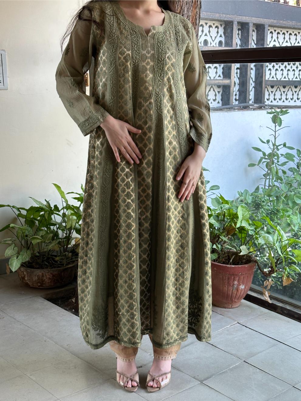 Dark Green Shade Zari Chanderi Chikankari Ready to Wear Tunics