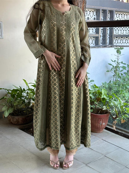Dark Green Shade Zari Chanderi Chikankari Ready to Wear Tunics