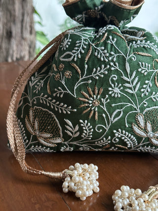 Dark Green Tussar Silk Chikankari Ari & Kasab Work Potli Bag