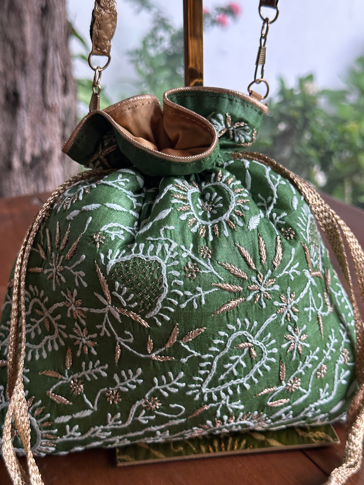 Dark Green Tussar Silk Chikankari Ari & Kasab Work Potli Bag