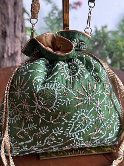 Dark Green Tussar Silk Chikankari Ari & Kasab Work Potli Bag