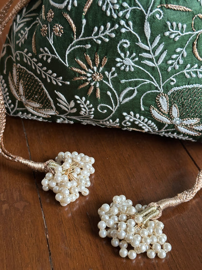 Dark Green Tussar Silk Chikankari Ari & Kasab Work Potli Bag