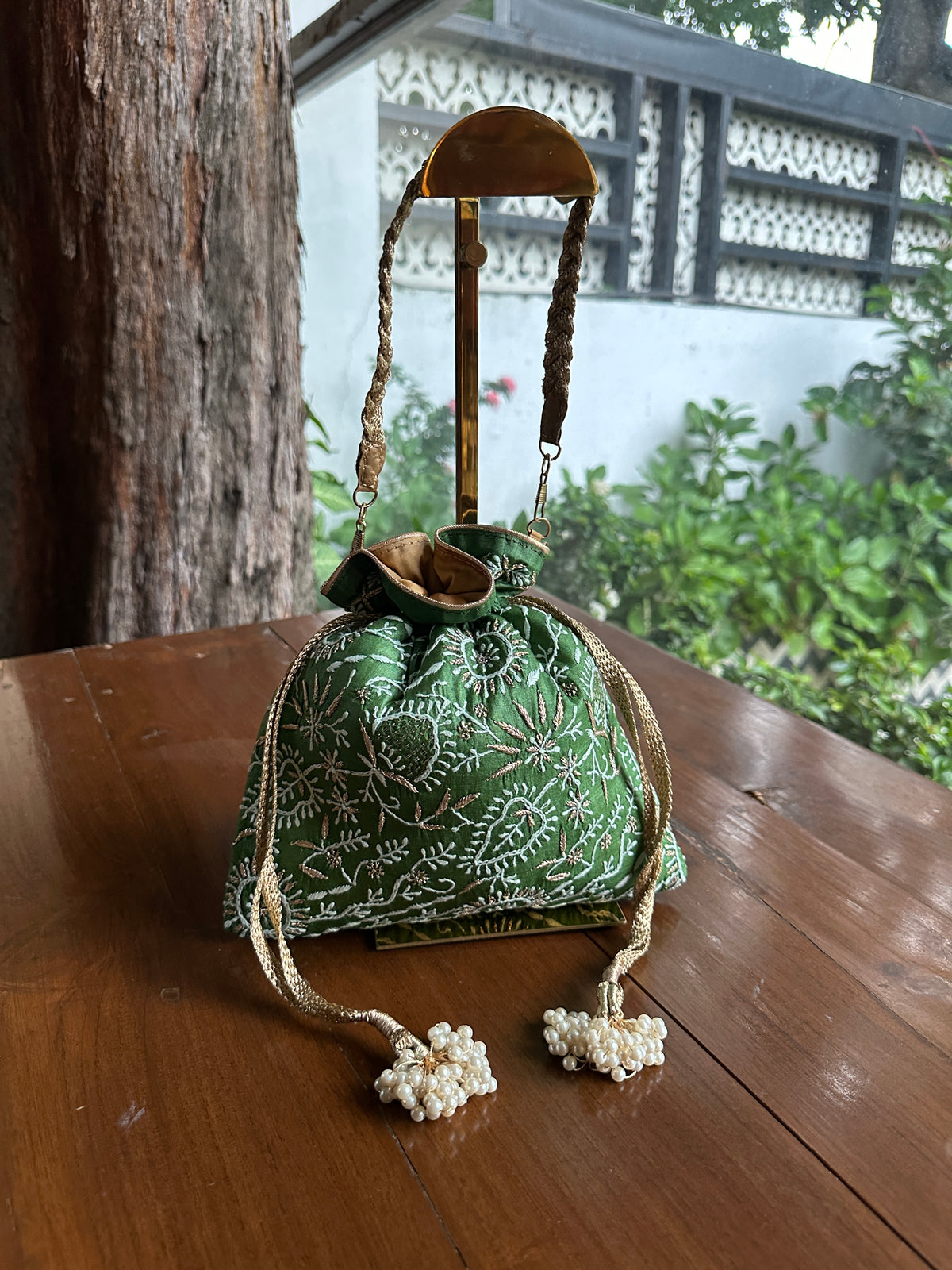 Dark Green Tussar Silk Chikankari Ari & Kasab Work Potli Bag