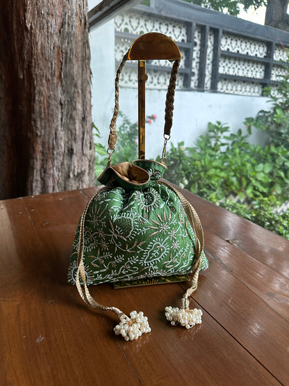 Dark Green Tussar Silk Chikankari Ari & Kasab Work Potli Bag