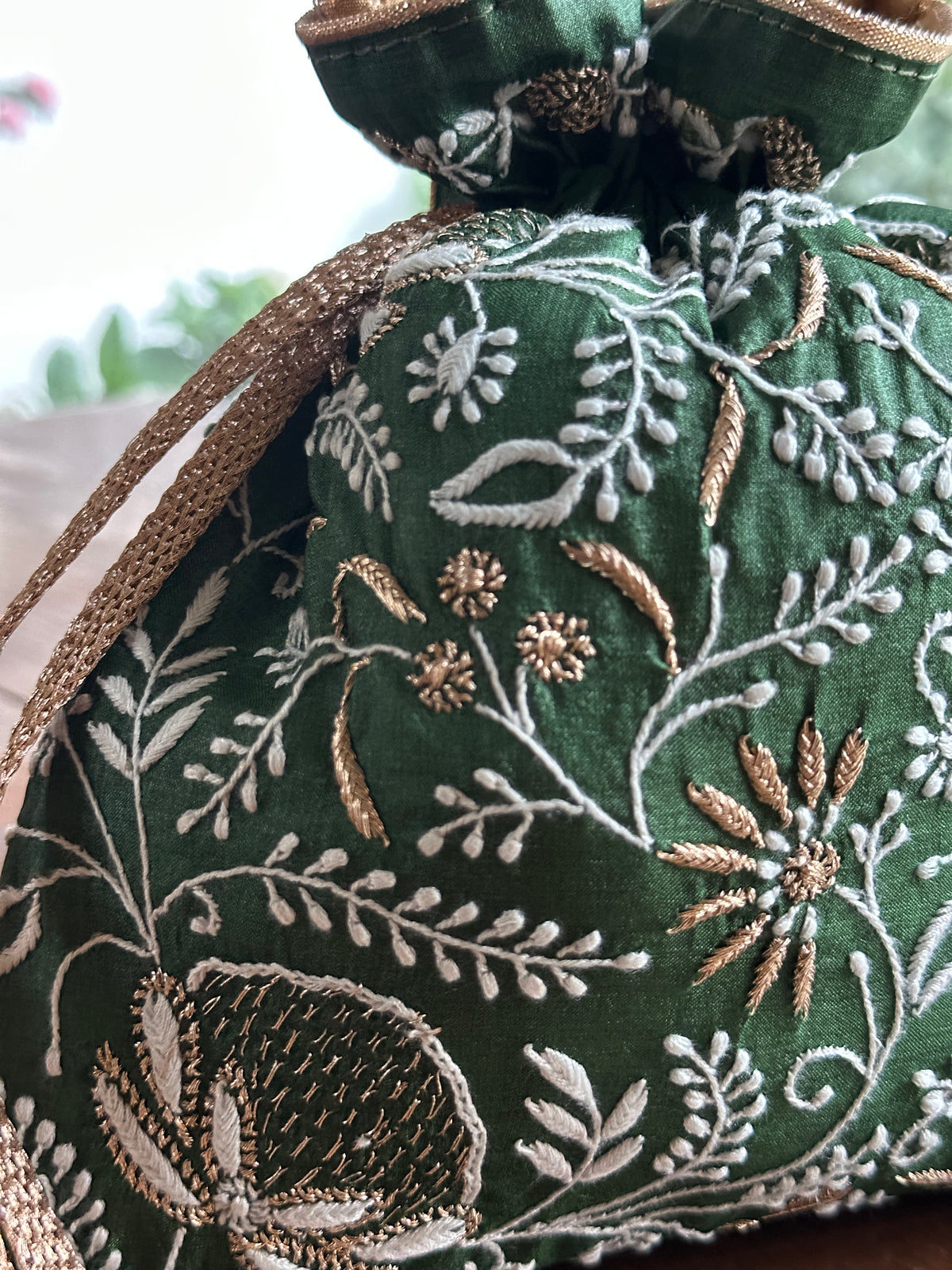 Dark Green Tussar Silk Chikankari Ari & Kasab Work Potli Bag