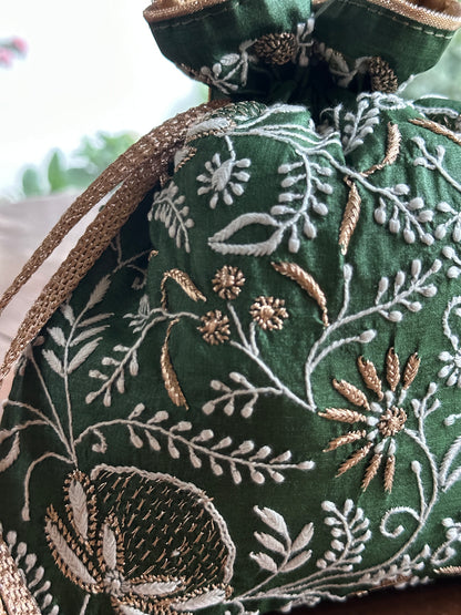 Dark Green Tussar Silk Chikankari Ari & Kasab Work Potli Bag