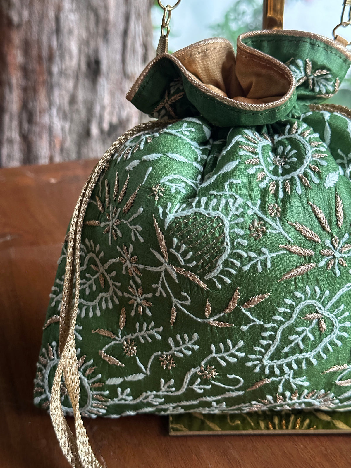 Dark Green Tussar Silk Chikankari Ari & Kasab Work Potli Bag