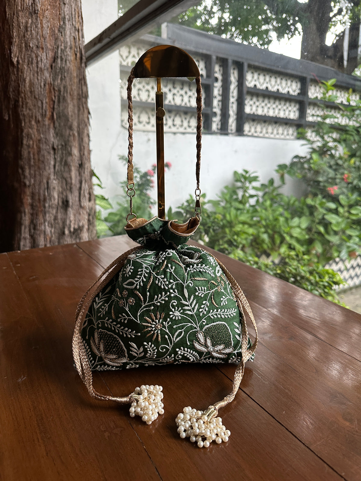 Dark Green Tussar Silk Chikankari Ari & Kasab Work Potli Bag