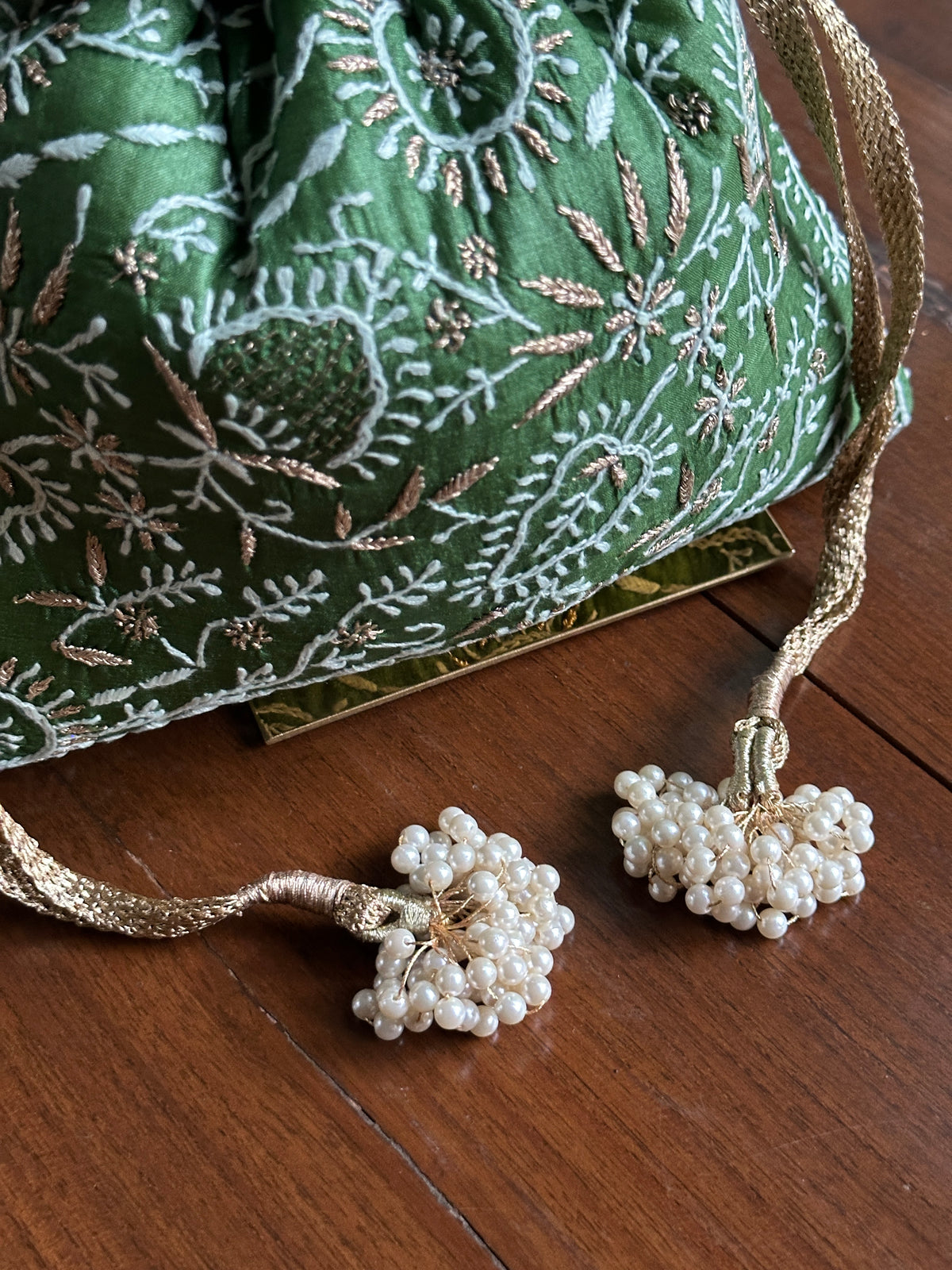 Dark Green Tussar Silk Chikankari Ari & Kasab Work Potli Bag