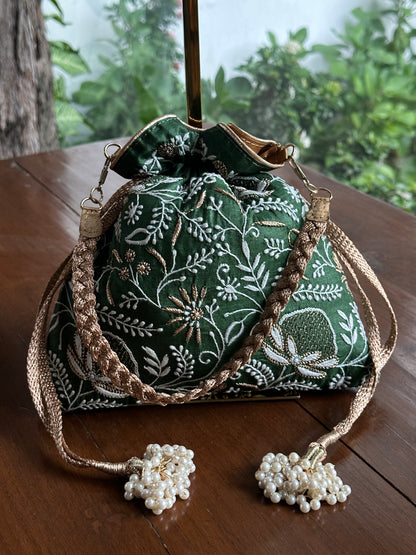 Dark Green Tussar Silk Chikankari Ari & Kasab Work Potli Bag