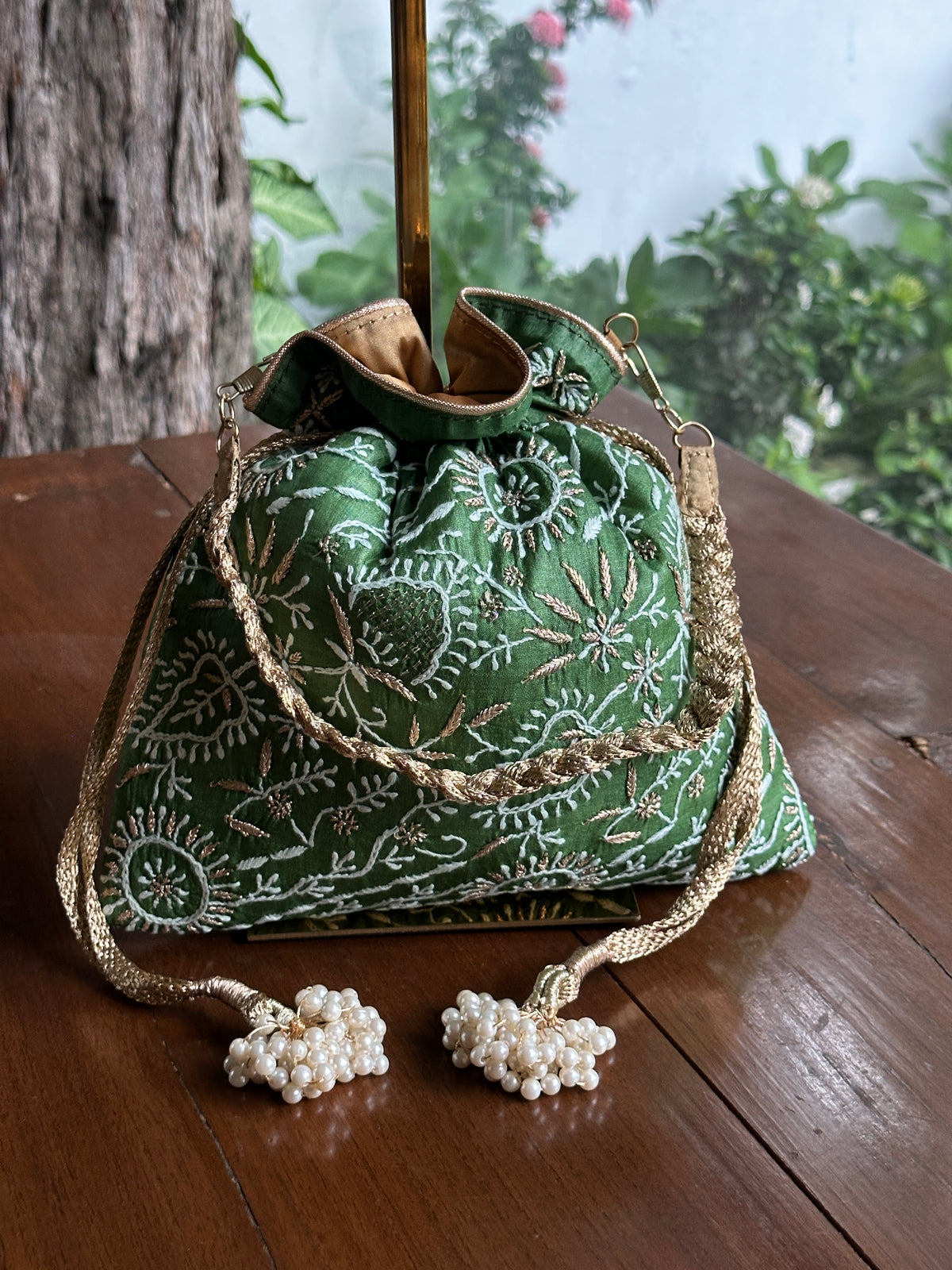 Dark Green Tussar Silk Chikankari Ari & Kasab Work Potli Bag