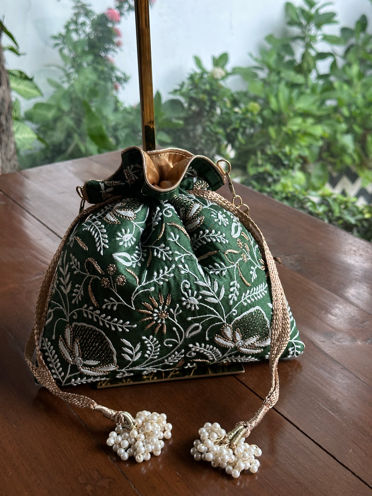 Dark Green Tussar Silk Chikankari Ari & Kasab Work Potli Bag