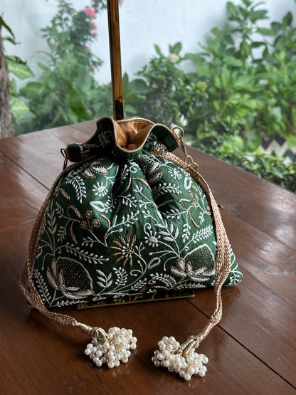 Dark Green Tussar Silk Chikankari Ari & Kasab Work Potli Bag