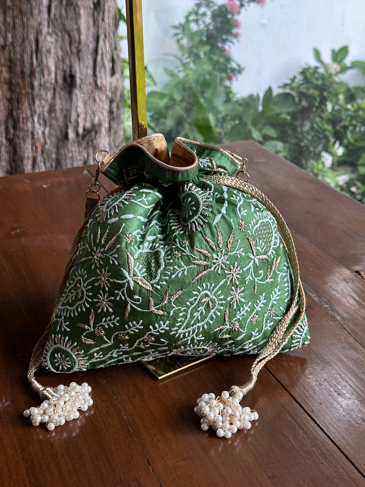 Dark Green Tussar Silk Chikankari Ari & Kasab Work Potli Bag