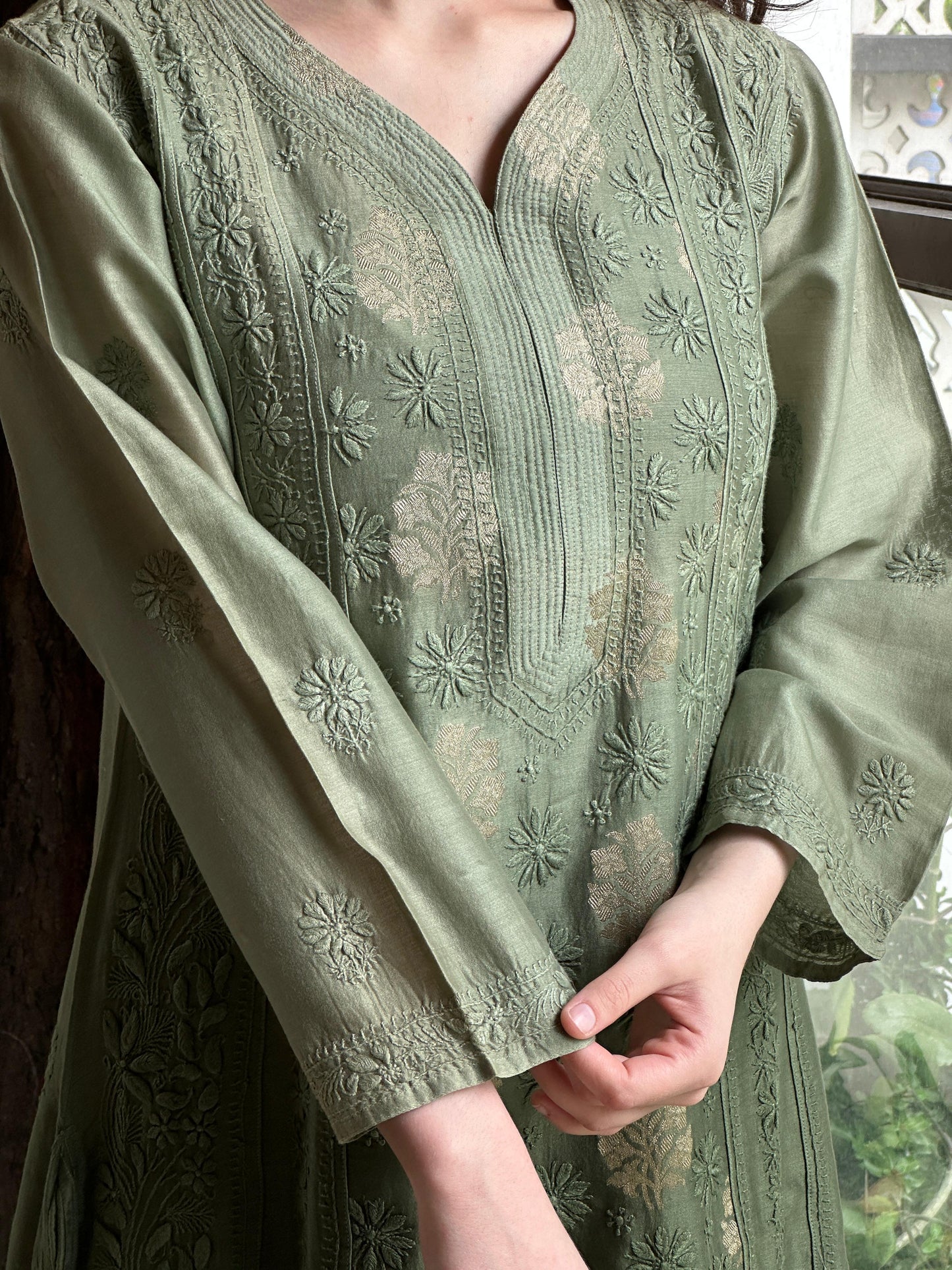 Dark Green Zari Chanderi Chikankari A Line Kurta with Slip
