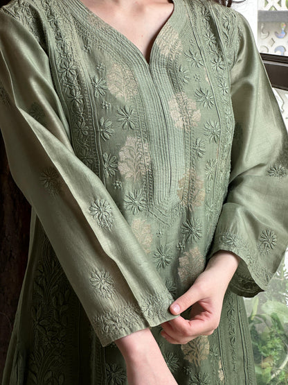 Dark Green Zari Chanderi Chikankari A Line Kurta with Slip