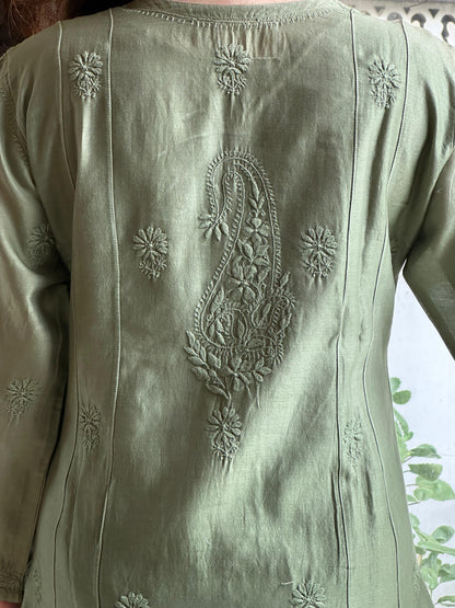Dark Green Zari Chanderi Chikankari A Line Kurta with Slip