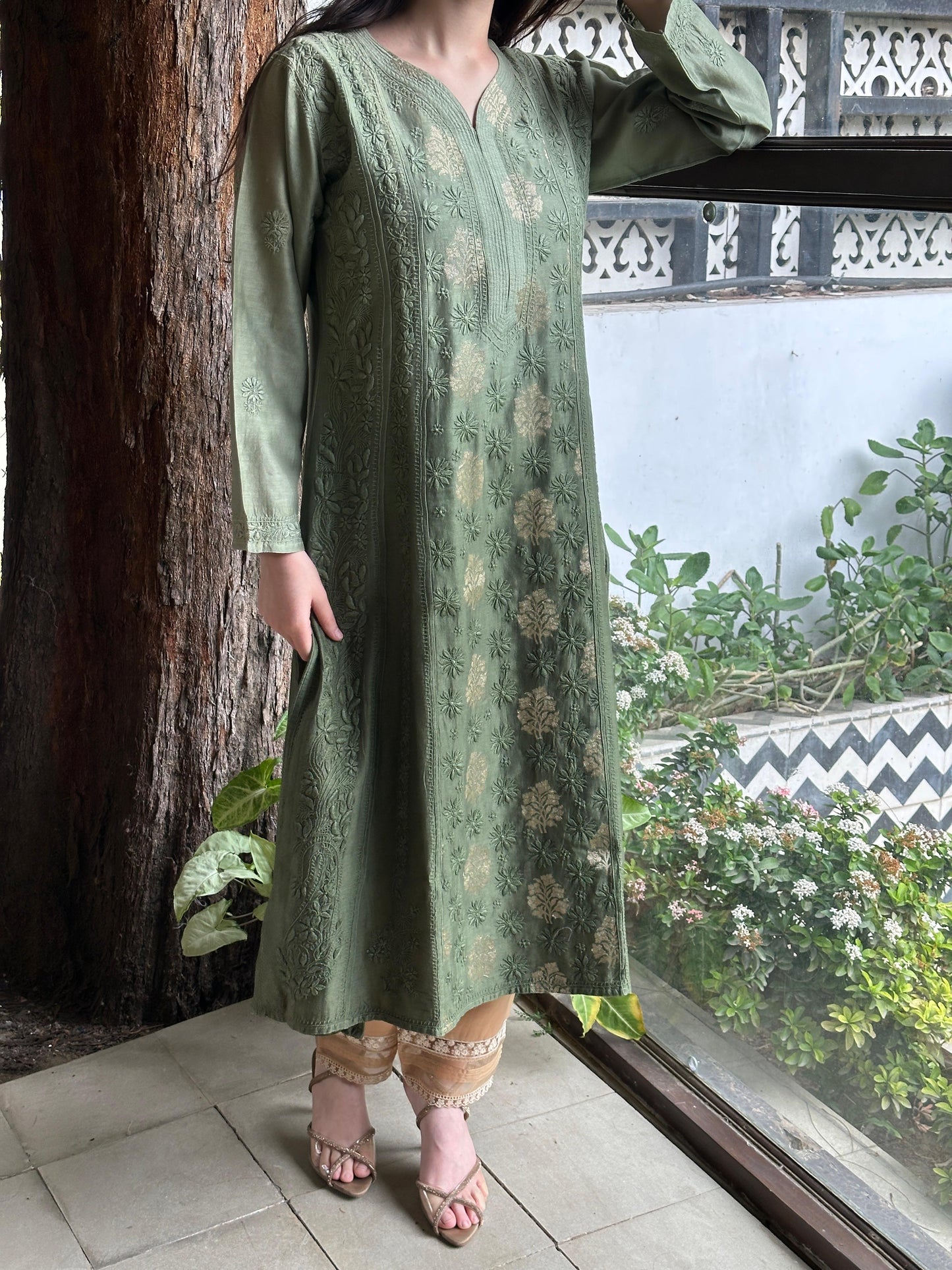 Dark Green Zari Chanderi Chikankari A Line Kurta with Slip