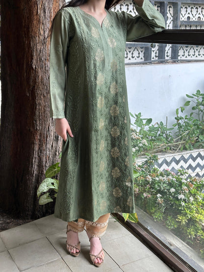 Dark Green Zari Chanderi Chikankari A Line Kurta with Slip