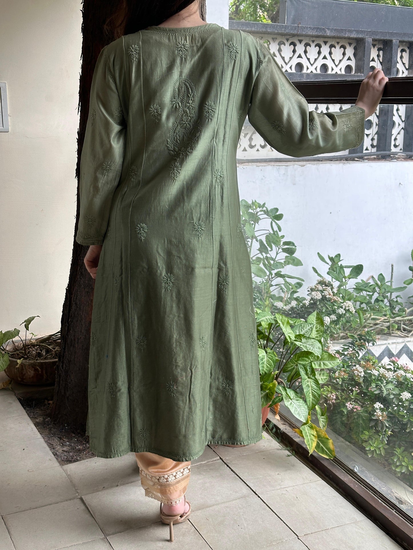 Dark Green Zari Chanderi Chikankari A Line Kurta with Slip