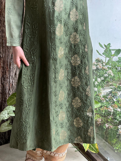 Dark Green Zari Chanderi Chikankari A Line Kurta with Slip