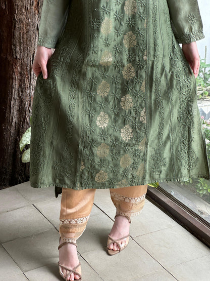 Dark Green Zari Chanderi Chikankari A Line Kurta with Slip