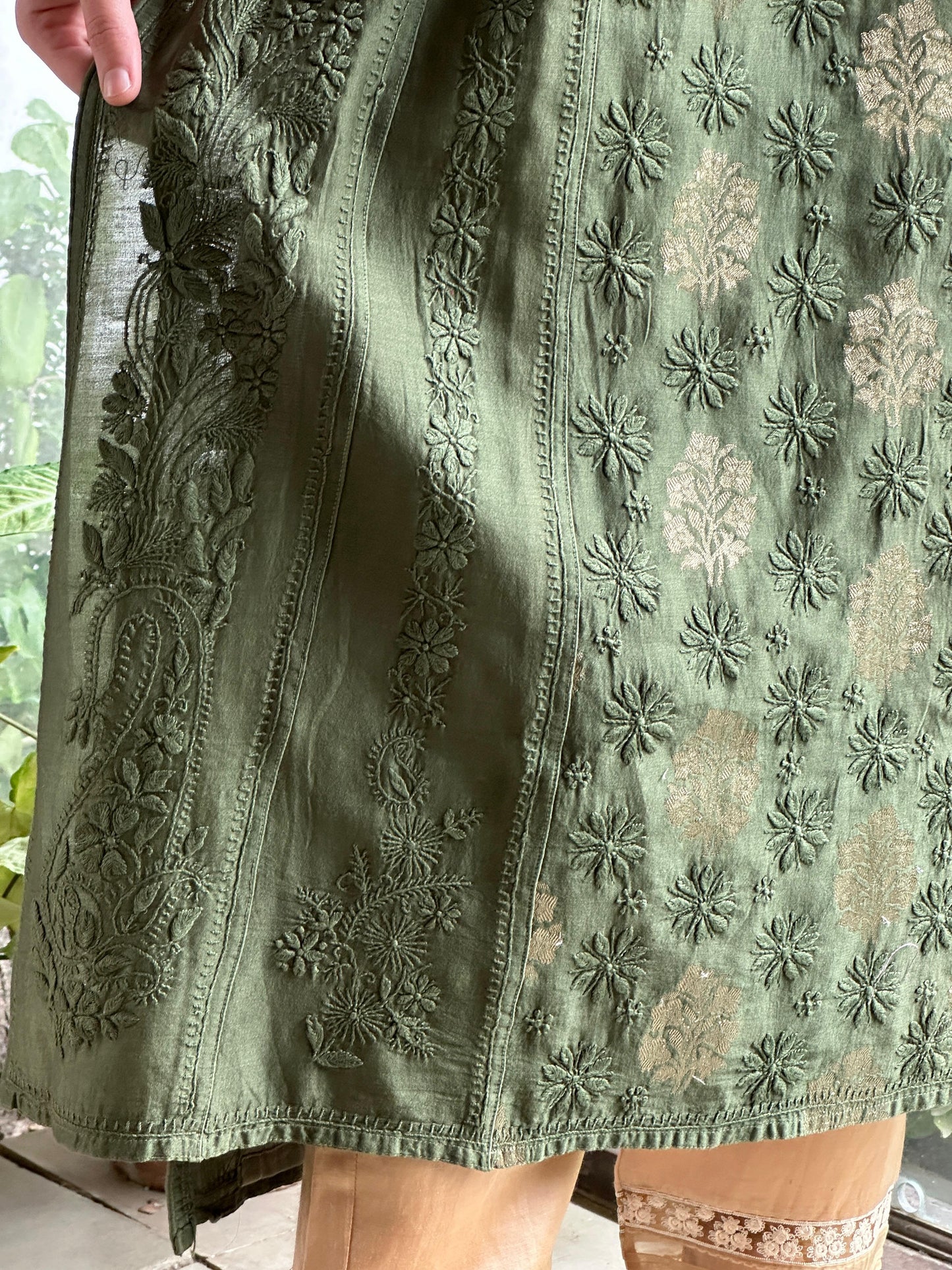 Dark Green Zari Chanderi Chikankari A Line Kurta with Slip