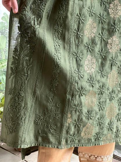 Dark Green Zari Chanderi Chikankari A Line Kurta with Slip