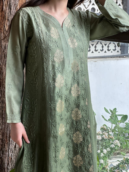 Dark Green Zari Chanderi Chikankari A Line Kurta with Slip