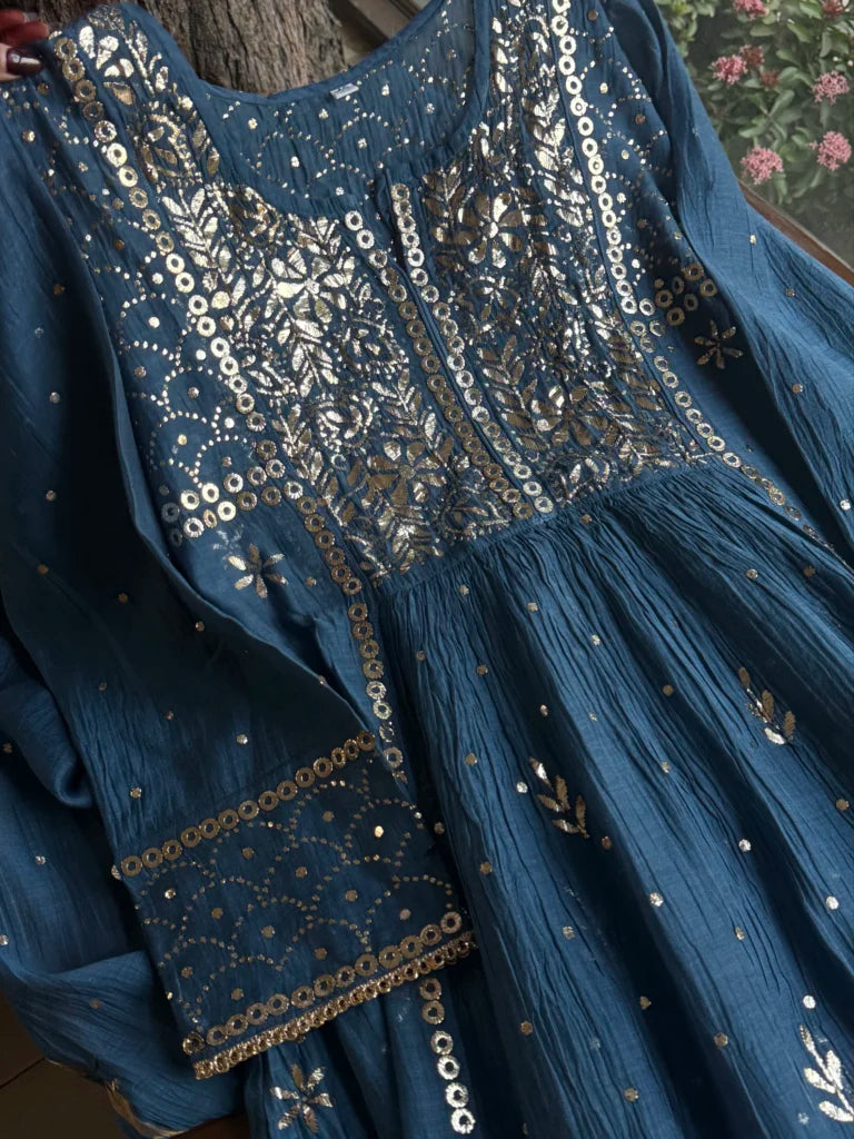 Dark Grey Blue Shade Mukaish Mul Chanderi Silk Dress